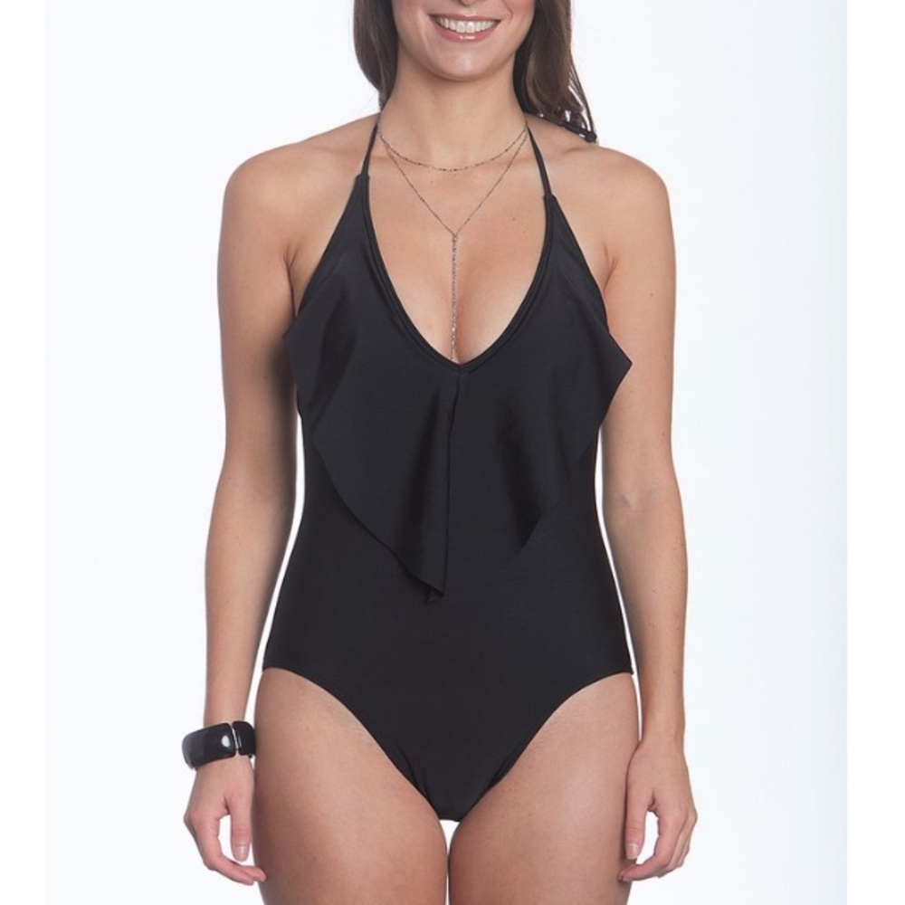 Sun & Sea Black Ruffle Halter One-Piece Swimsuit Women's Size XS